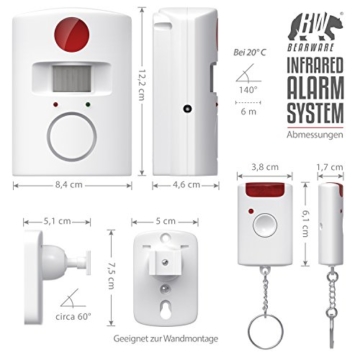 CSL - Alarmanlage mit Bewegungsmelder | Infrarot Funk-Alarmsystem | Alarmmelder | PIR-Sensoralarm | Hausalarm | 100dB | inkl. 2x Fernbedienungen und Wandhalterung | weiß - 2