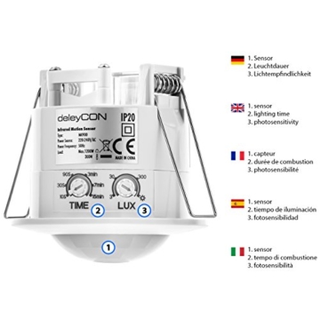deleyCON Infrarot Decken-Bewegungsmelder - für Innenbereich - 360° Arbeitsfeld - Reichweite bis 6m - einstellbare Umgebungshelligkeit - IP20 Schutzklasse - optimal für Unterputz Deckenmontage - Weiß - 3