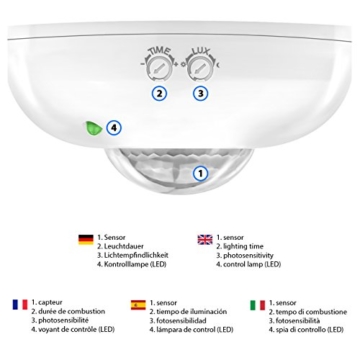 deleyCON Infrarot Decken-Bewegungsmelder - für Innenbereich - 360° Arbeitsfeld - Reichweite bis 6m - einstellbare Umgebungshelligkeit - IP20 Schutzklasse - optimal für Deckenmontage - Weiß - 4