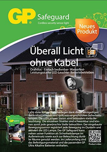 GP Safeguard RF3 - drahtlose, batteriebetriebene Sicherheits-Lampe mit Bewegungsmelder und hellem LED-Strahler, wetterfest nach IP44, schwarz (inkl. Batterien und Installationsmaterial) - 4