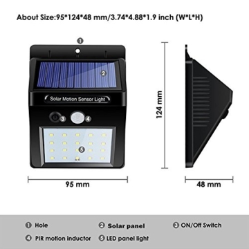 Solarleuchte mit Bewegungsmelder 20 LED Solar Wandleuchte Solarlampe Sicherheits Solarlicht Kabelloses Wasserfest Außenbeleuchtung für Patio, Garten, Türe, Flur, Wege, Terrassen (2 Packung) - 6