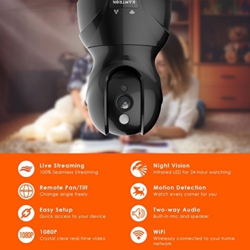 Wireless IP Kamera,KAMTRON 720P HD WiFi Überwachungskamera,mit 350°/100°Schwenkbar,Home und Baby Monitor mit Bewegungserkennung, Zwei-Wege-Audio, Nachtsicht, unterstützt Fernalarm und Mobile App Kontrolle,Schwarz - 8