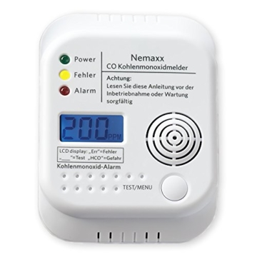 1x Nemaxx Co Melder - intelligenter Kohlenmonoxid Sensor, batteriebetriebener Warner und Alarm mit Digitalanzeige - nach DIN EN50291 - 3