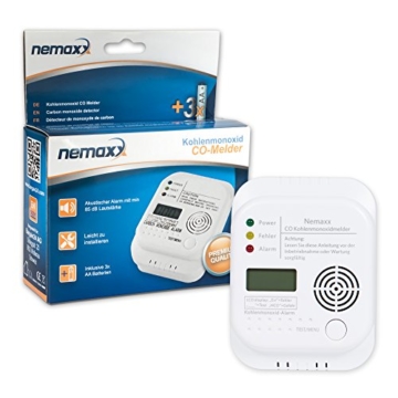 1x Nemaxx Co Melder - intelligenter Kohlenmonoxid Sensor, batteriebetriebener Warner und Alarm mit Digitalanzeige - nach DIN EN50291 - 5