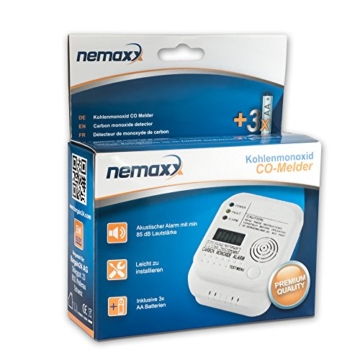 1x Nemaxx Co Melder - intelligenter Kohlenmonoxid Sensor, batteriebetriebener Warner und Alarm mit Digitalanzeige - nach DIN EN50291 - 6