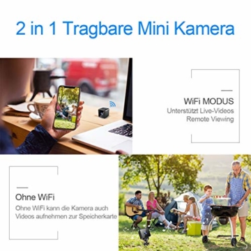 Bluetooth WLAN Mini Kamera, MHDYT HD 1080P WiFi Akku Überwachungskamera, Kleine Nanny Cam mit Bewegungsmelder, Infrarot Nachtsicht und Bluetooth Lautsprecher, Mikro Wireless Innen/Aussen IP Kamera - 2