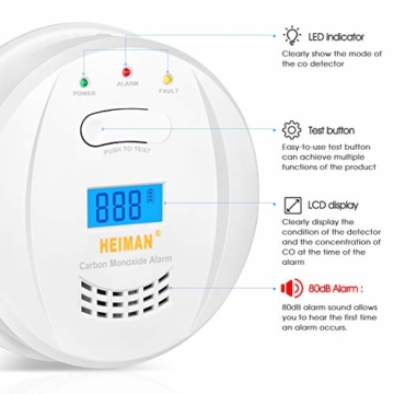 HEIMAN CO Melder Kohlenmonoxidmelder mit LCD Anzeige 5 Jahren Batterielaufzeit 10 Jahren Sensorlaufzeit, Prüftaste, 723ESY - 2