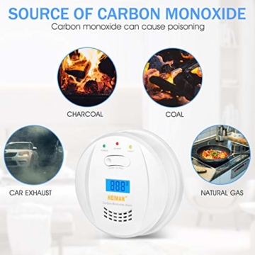 HEIMAN CO Melder Kohlenmonoxidmelder mit LCD Anzeige 5 Jahren Batterielaufzeit 10 Jahren Sensorlaufzeit, Prüftaste, 723ESY - 5