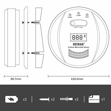 HEIMAN CO Melder Kohlenmonoxidmelder mit LCD Anzeige 5 Jahren Batterielaufzeit 10 Jahren Sensorlaufzeit, Prüftaste, 723ESY - 7