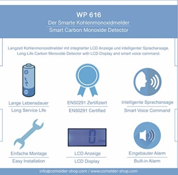 Kohlenmonoxid Warnmelder, CO Melder WP-616 inkl. Klebepad. Intelligent mit LCD Anzeige. Langzeit Melder und intelligente Sprachansage bei hoher Kohlenmonoxid Konzentration. (Weiß) - 6